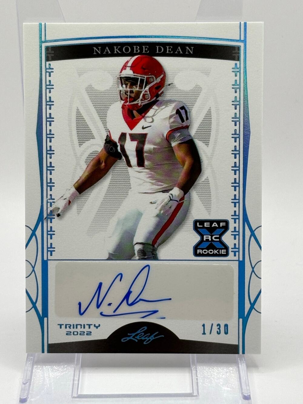 2022 Leaf Trinity Nakobe Dean Rookie Platinum Auto 1/30 SP Georgia Raiders RC
